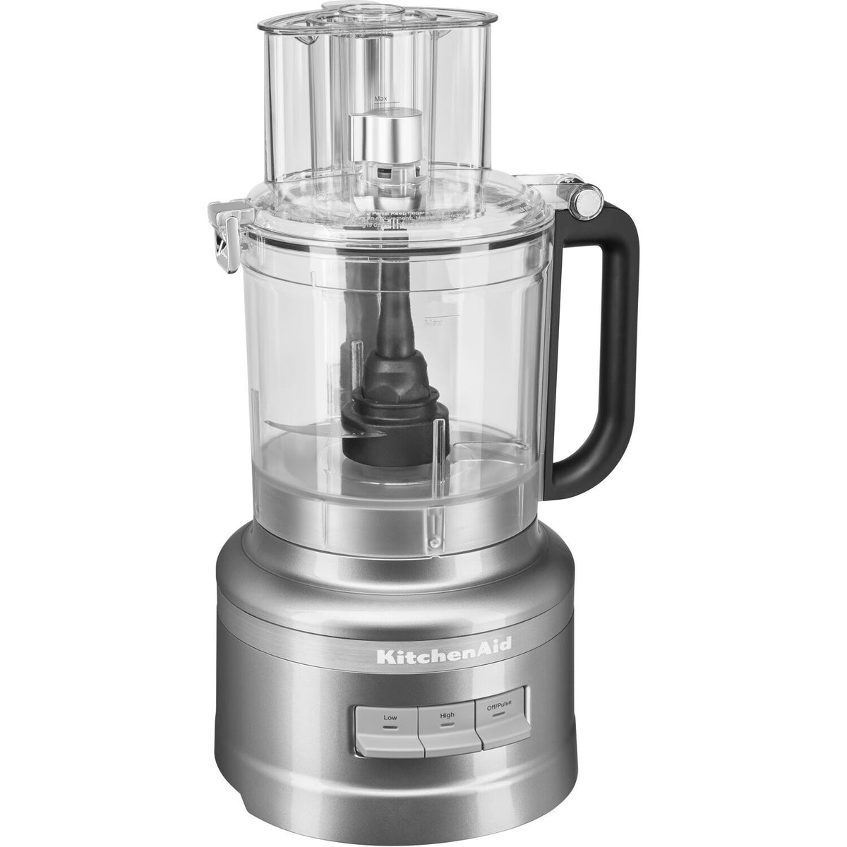 Stainless silver food processor with clear multi-level bowl and black side handle