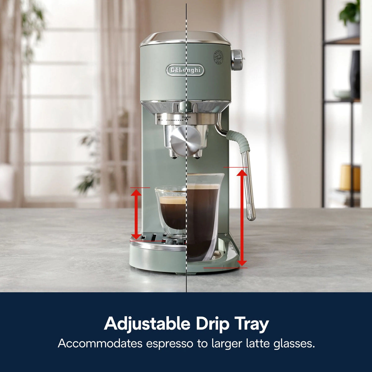 Green espresso machine with frothing wand and adjustable drip tray