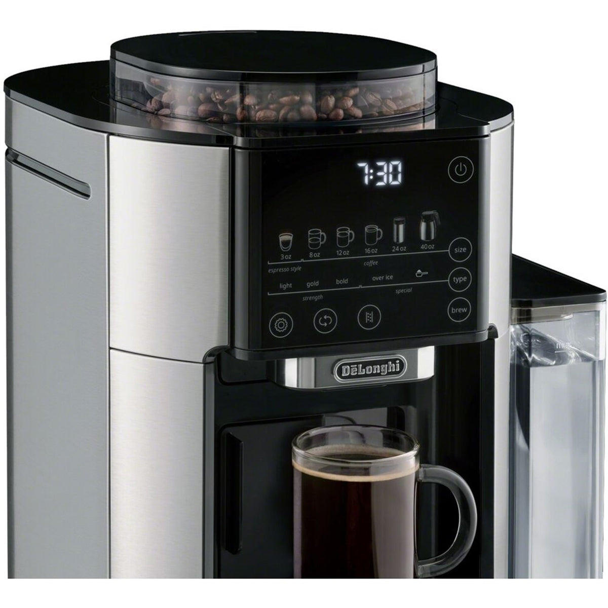 De'Longhi TrueBrew automatic coffee maker with thermal carafe and side transparent water reservoir