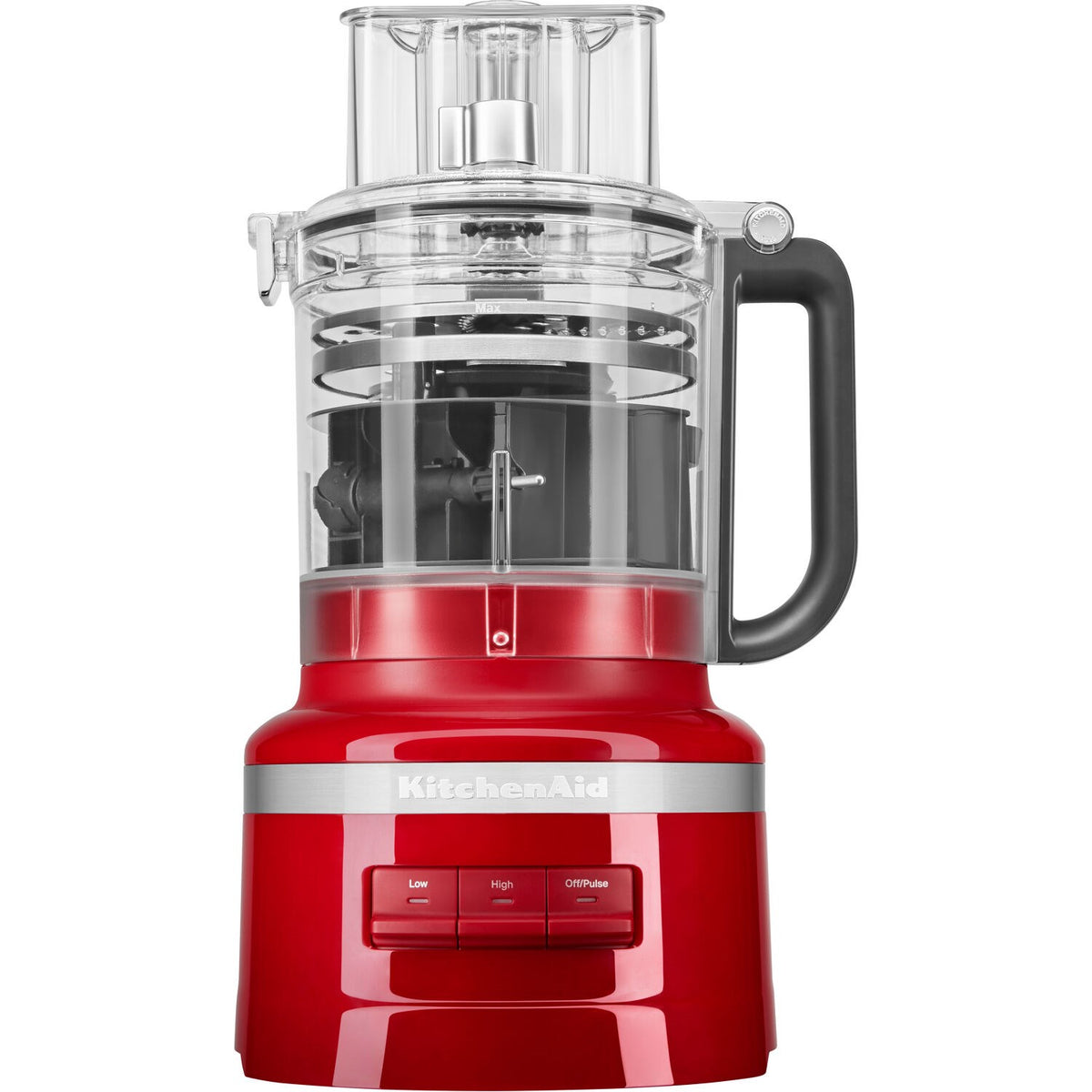 Empire Red KitchenAid food processor front with clear bowl and control buttons