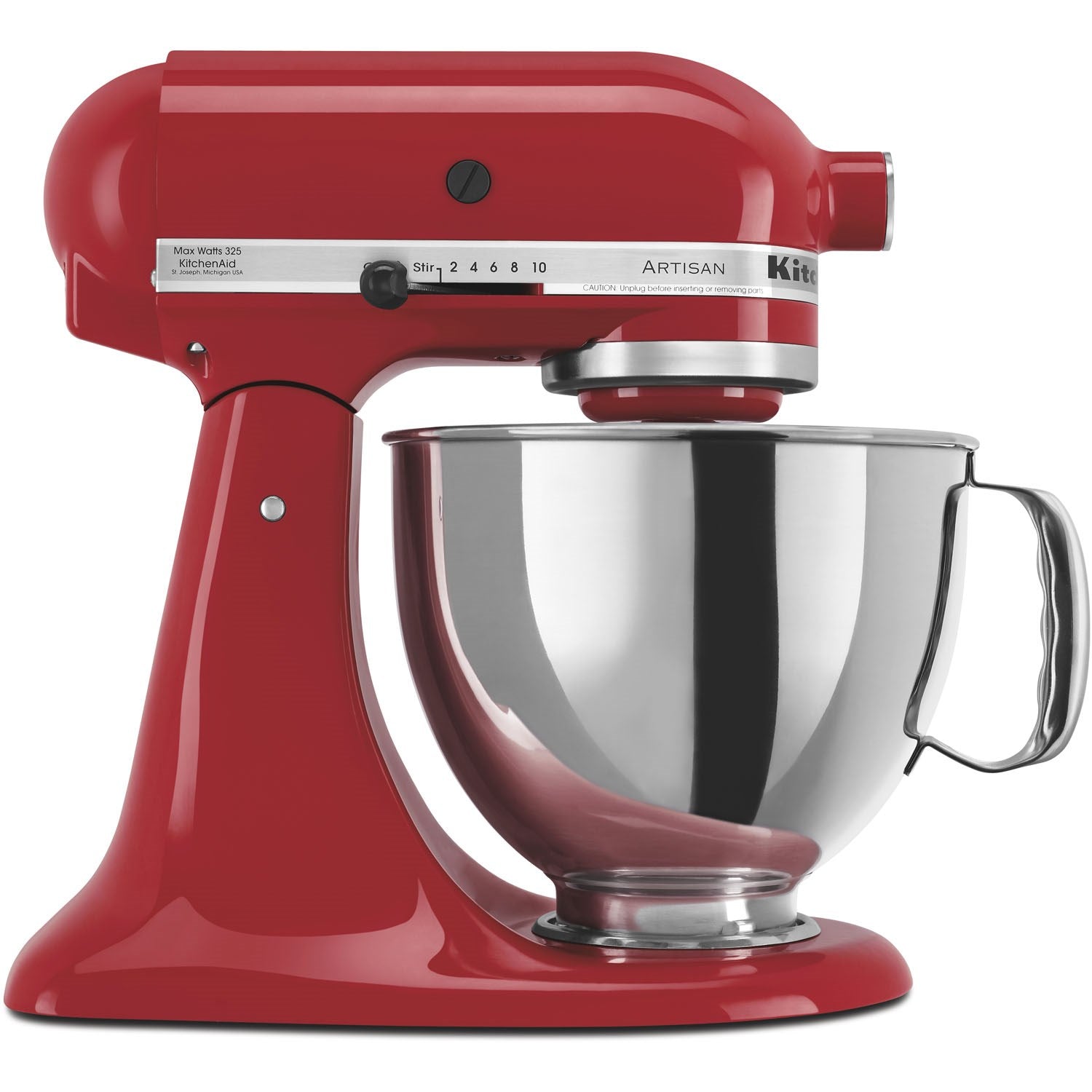 Empire red KitchenAid stand mixer with stainless bowl and tilt-head mixer top