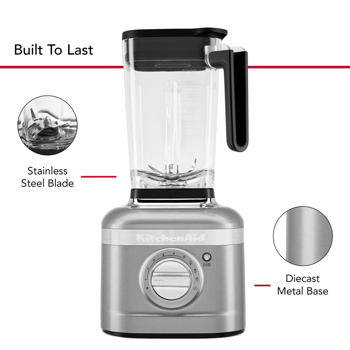 KitchenAid blender with clear jar, black lid, and contour silver metal base