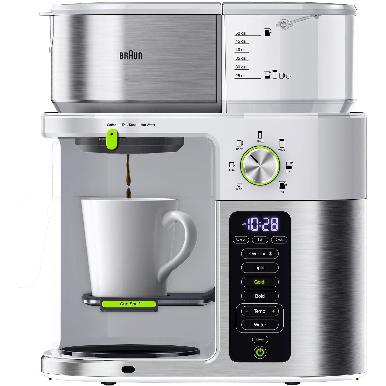 Stainless steel and white coffee maker dispensing into a white mug under the spout