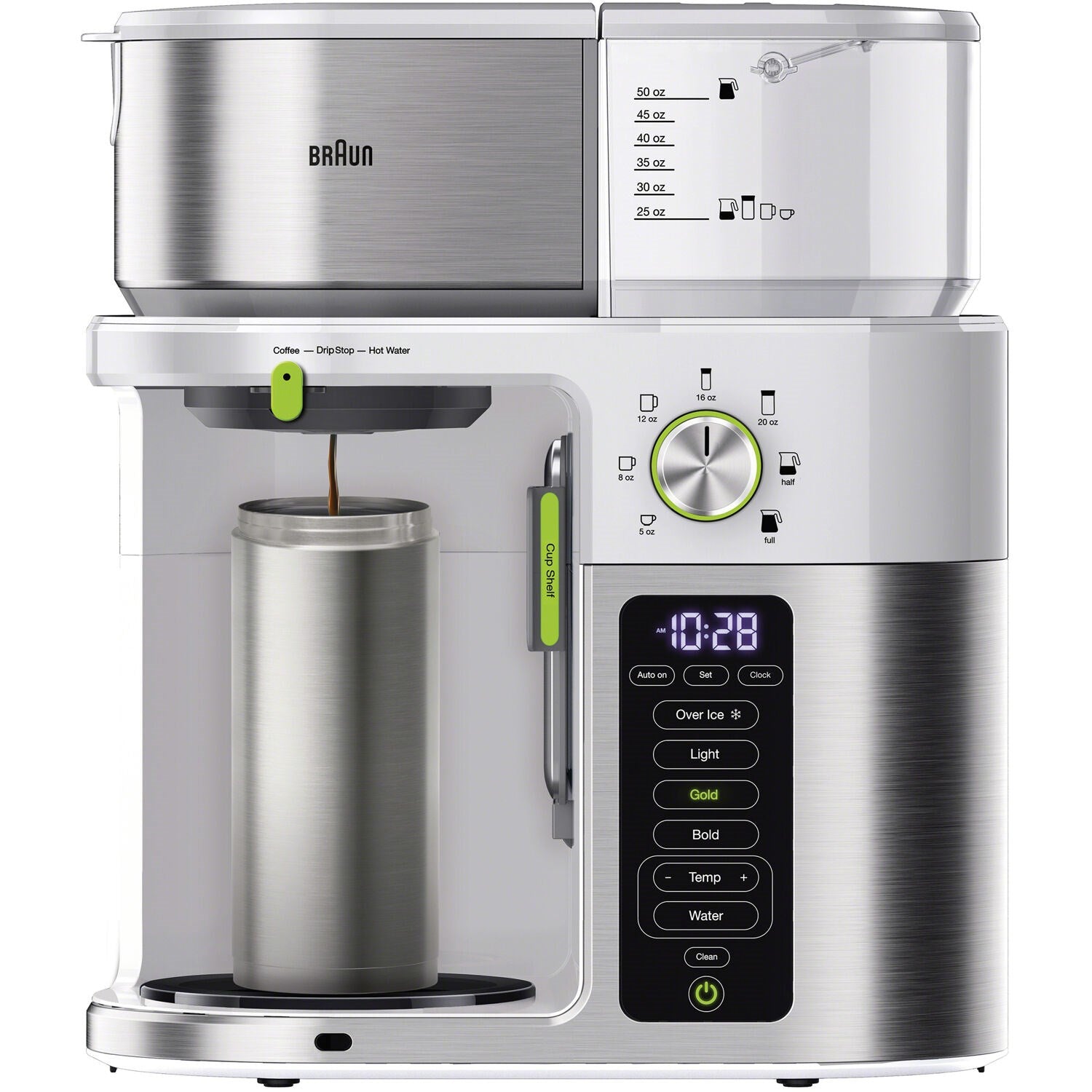 Stainless steel and white Braun coffee maker with metal carafe and front control panel