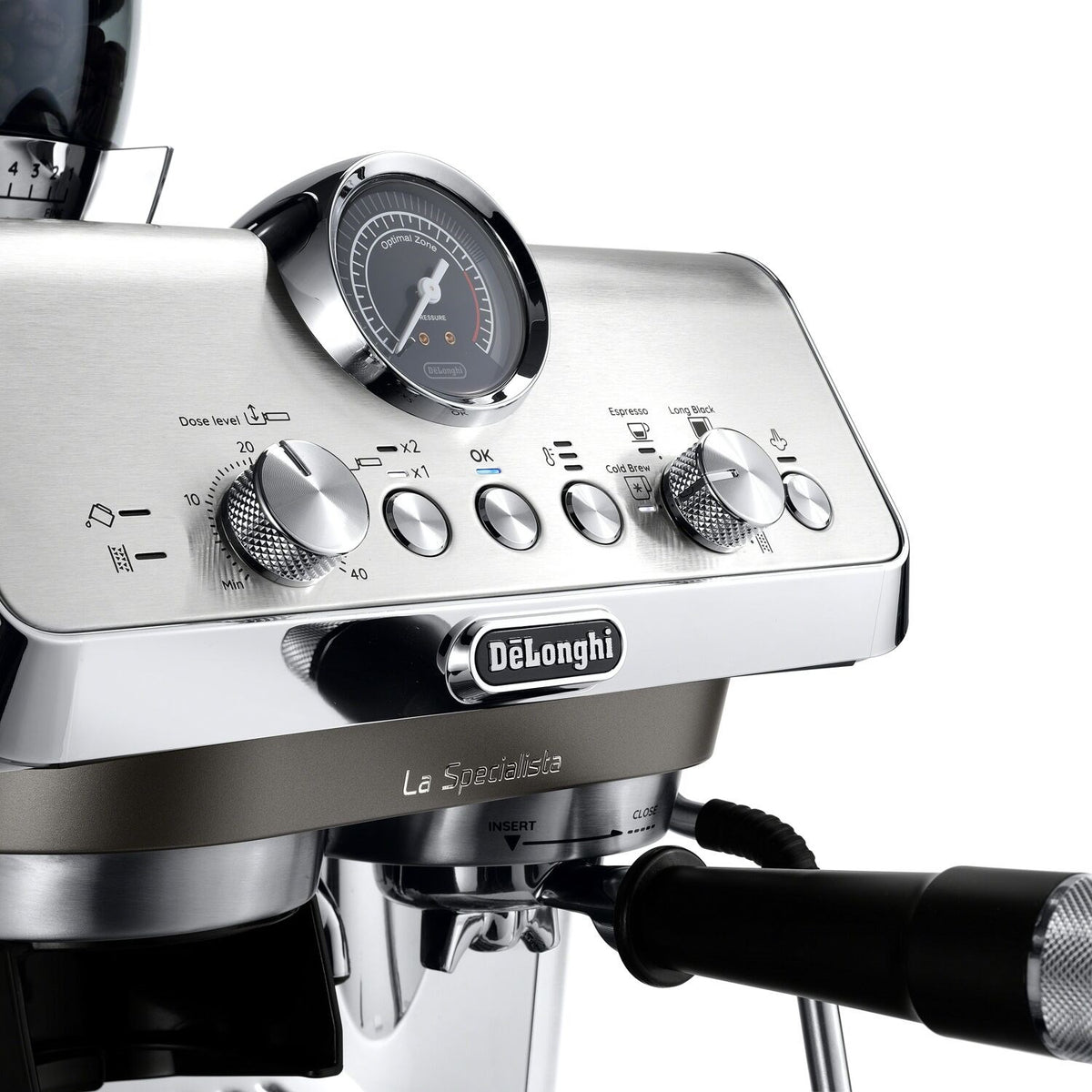 Silver espresso machine top panel controls and black steam wand spout