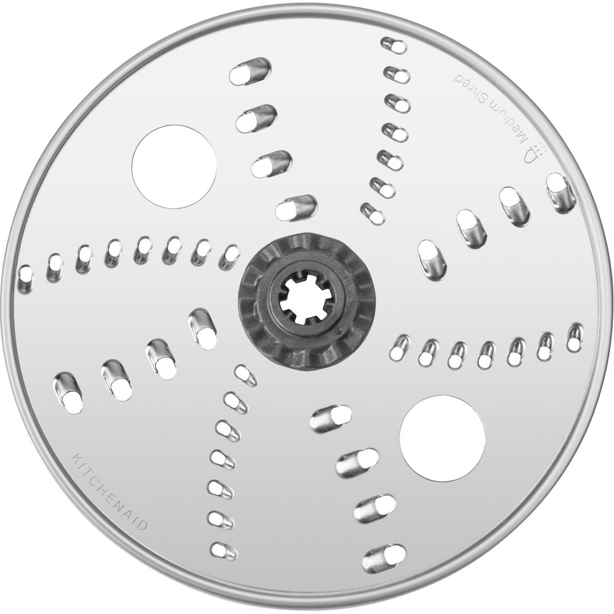 Stainless processing disc with central drive hub and mixed cutting slots
