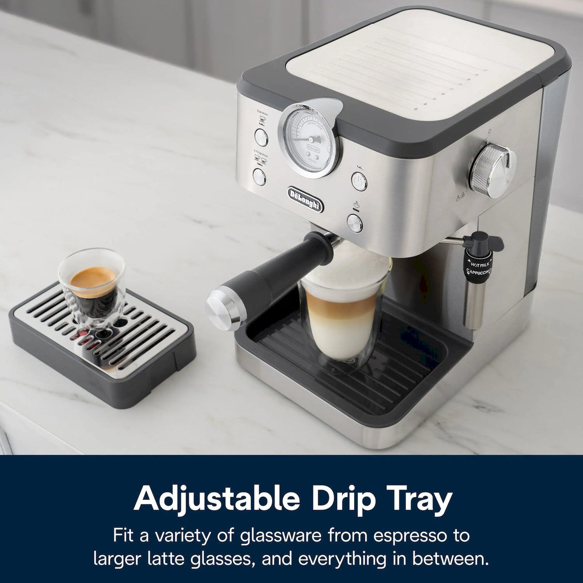 Stainless steel espresso machine with milk frother, showing cup and drip tray.