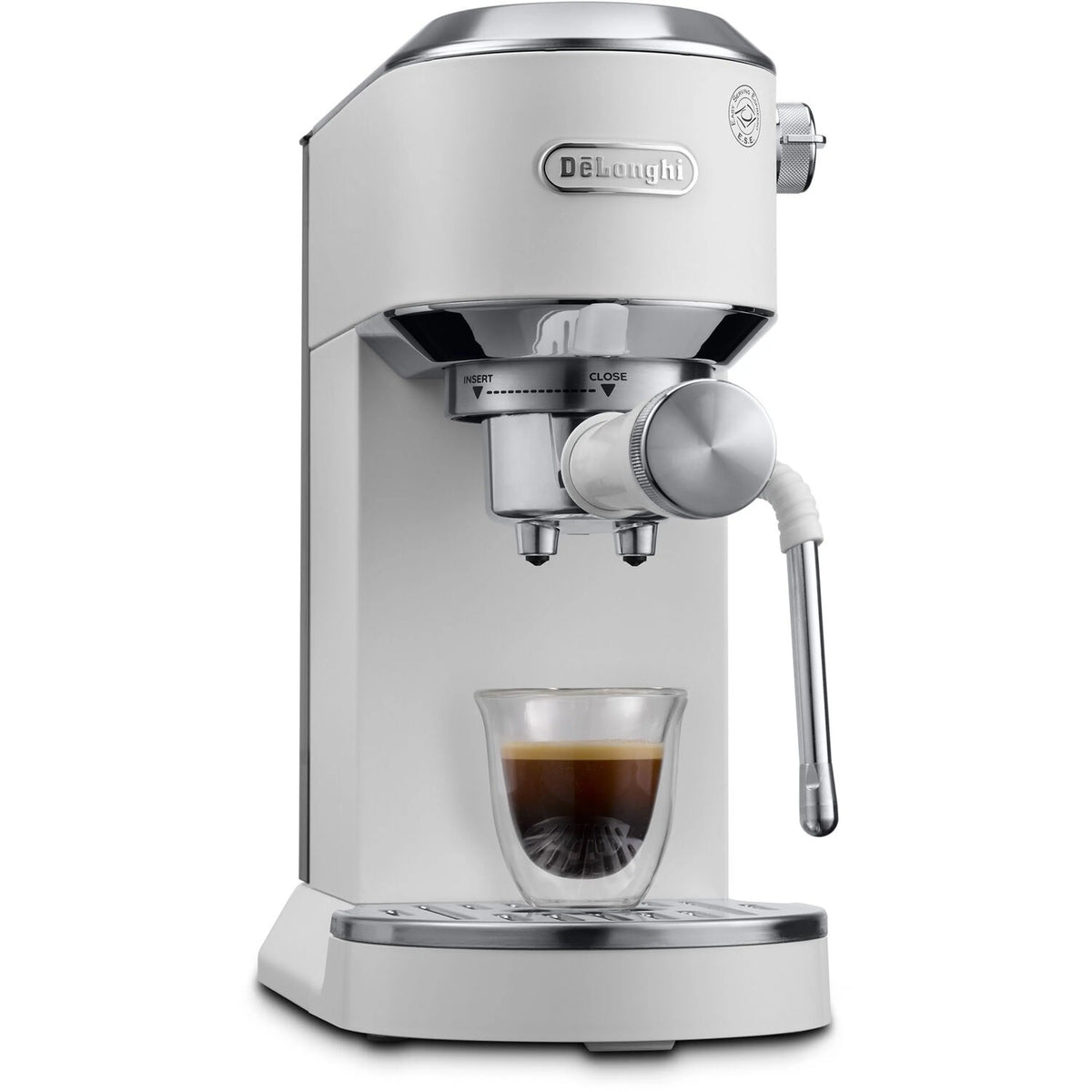 De'Longhi espresso machine with frothing wand and front drip tray, white and stainless steel