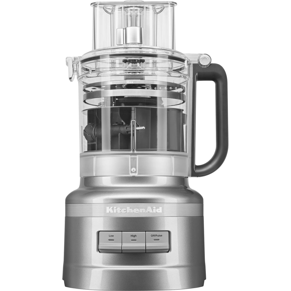 Front view of silver food processor with clear stacked bowl and black side handle