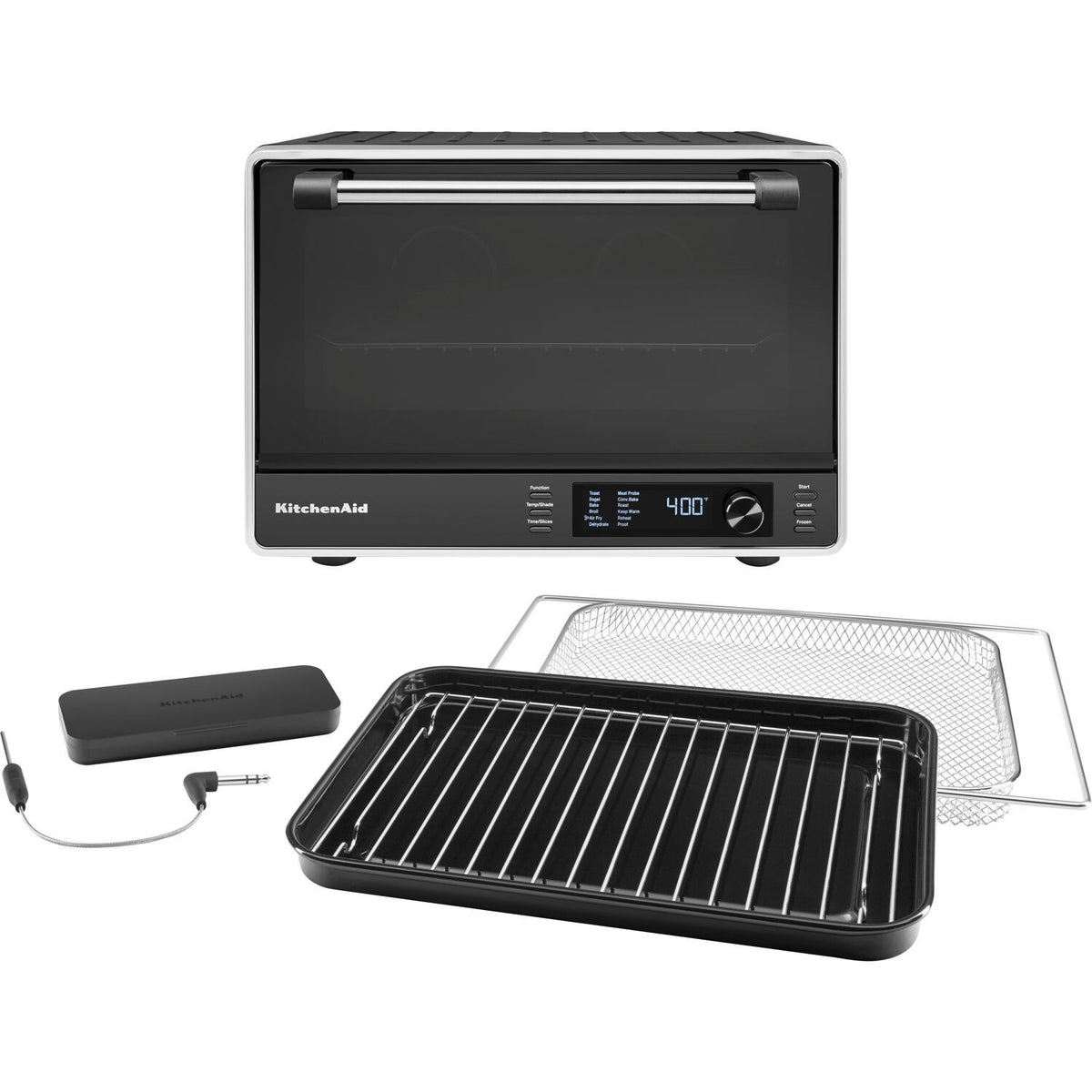 Black countertop oven with air-fry tray, wire basket, and temperature probe cable
