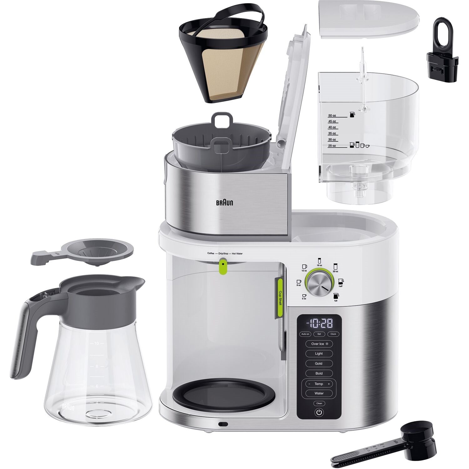 Stainless steel and white multi-serve coffee system with glass carafe and accessories