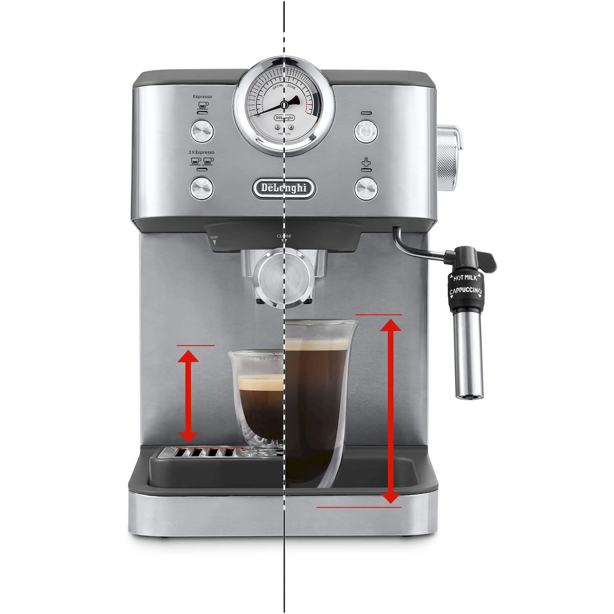 Automatic espresso machine front view with pressure gauge and milk frother steam.