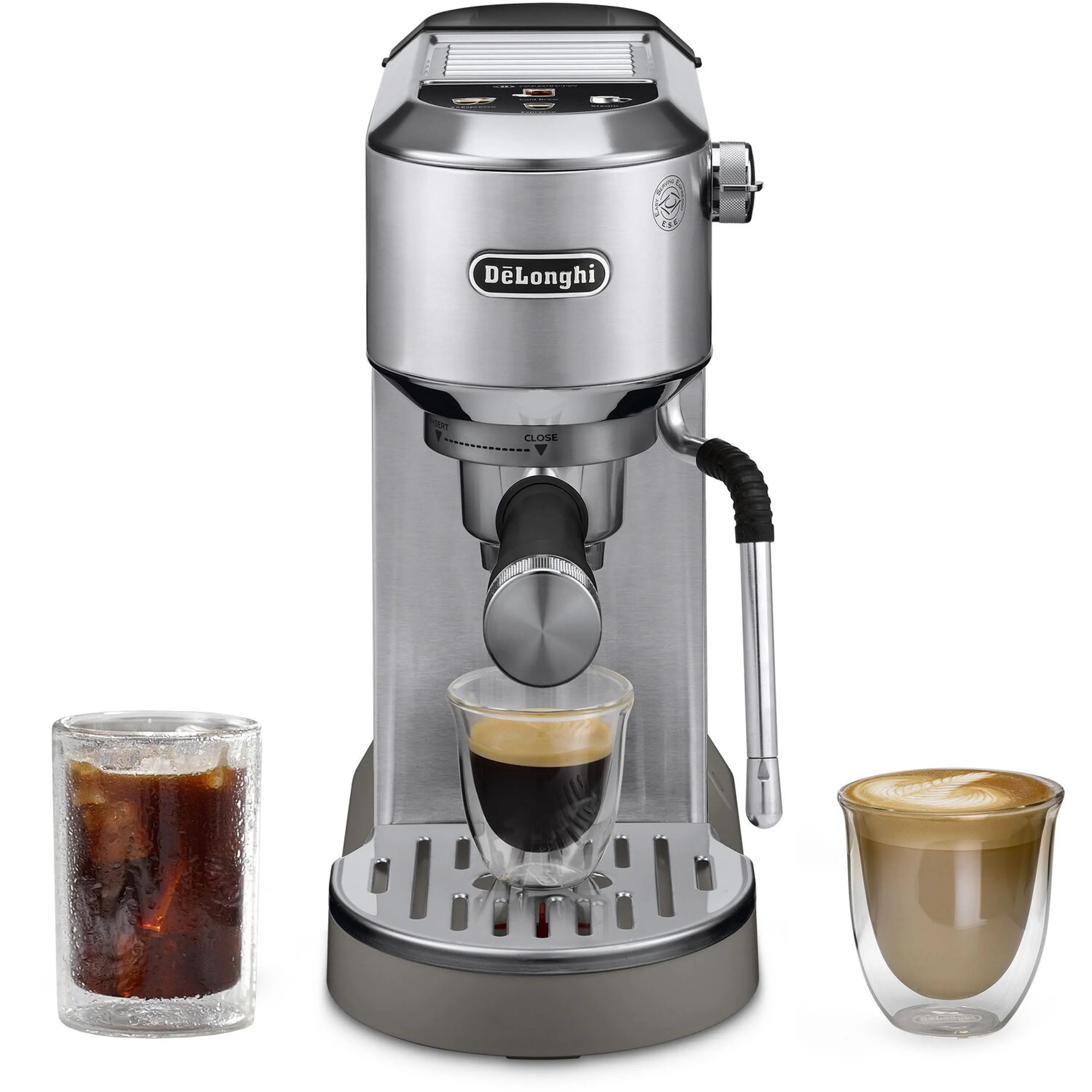 Stainless espresso machine with frothing wand and three filled cups