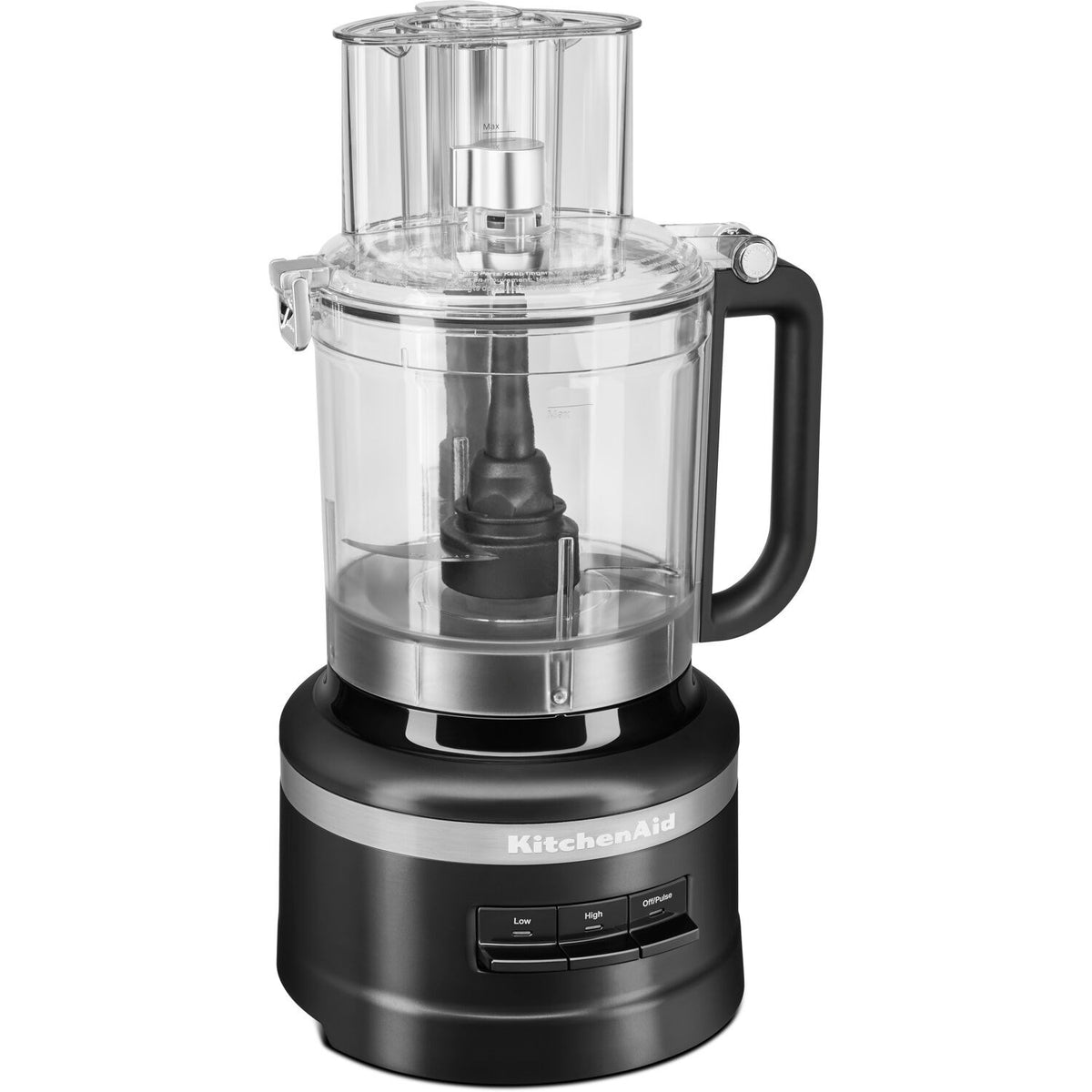 Food processor with clear work bowl and black base with control panel