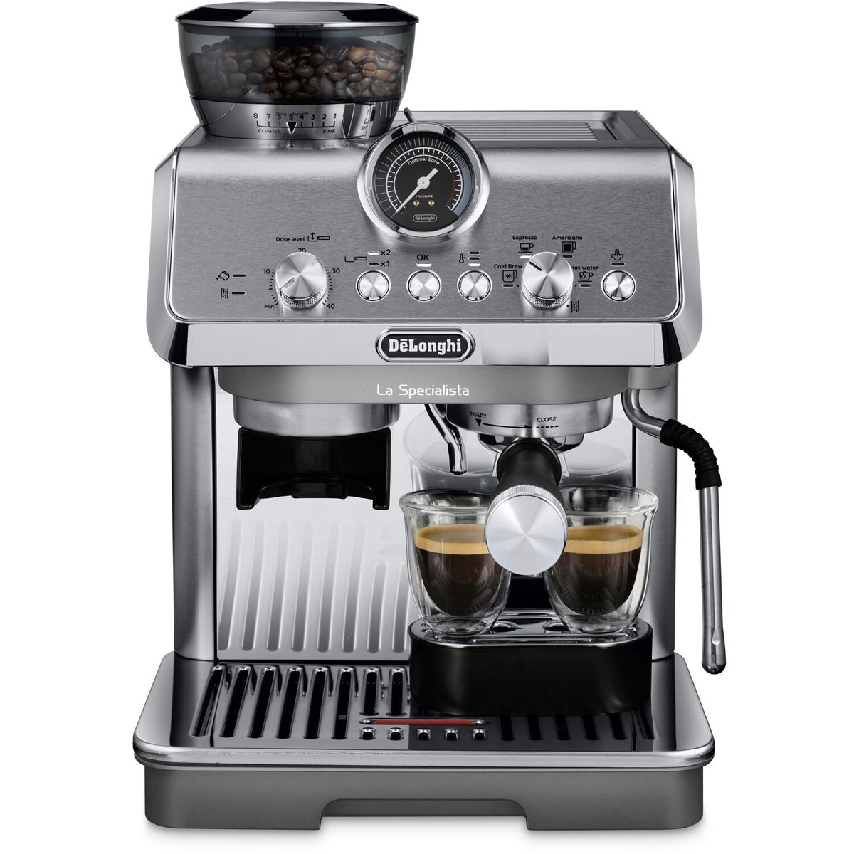 Silver espresso machine with bean hopper, portafilter area, and two cups