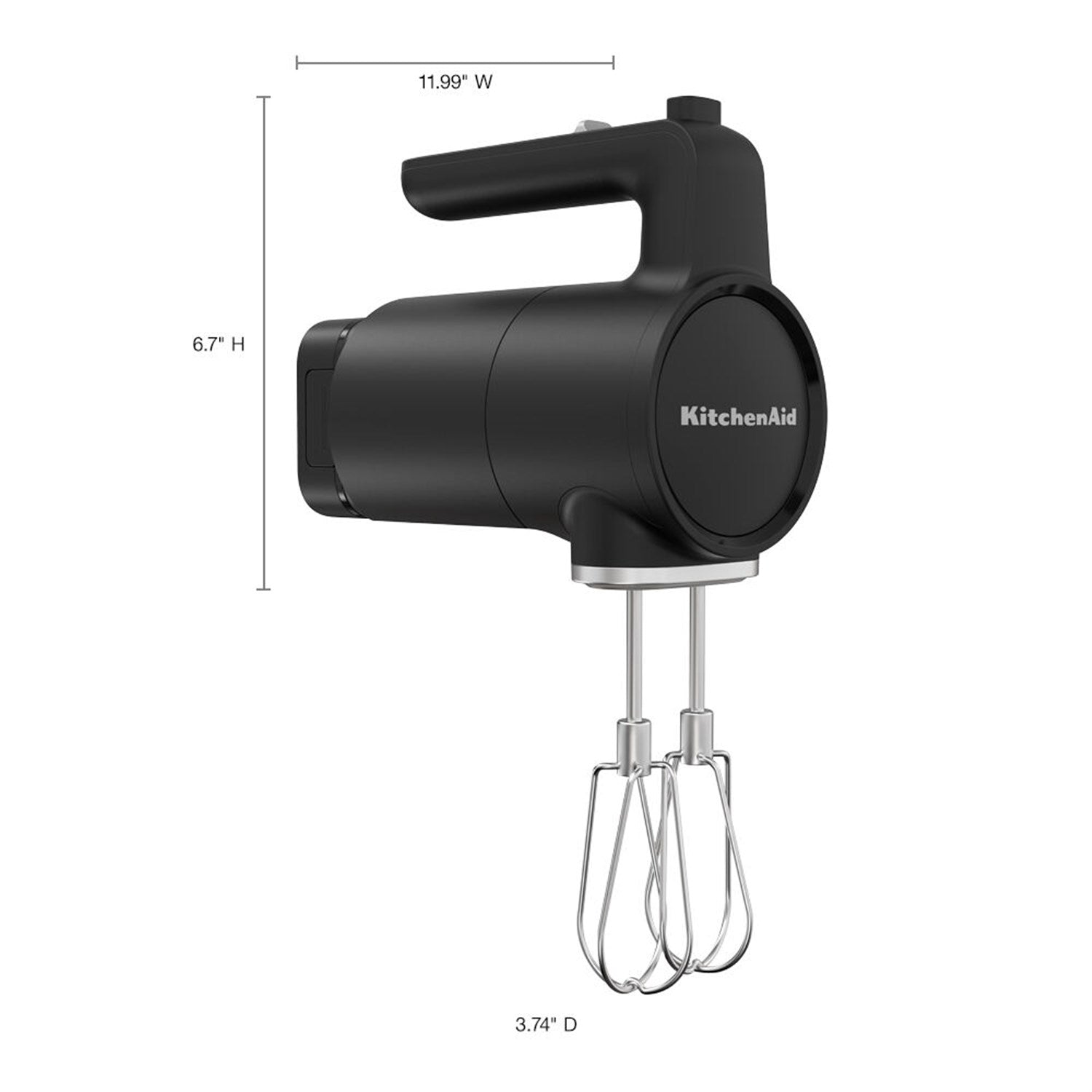 Black cordless hand mixer with two chrome beaters and handle raised