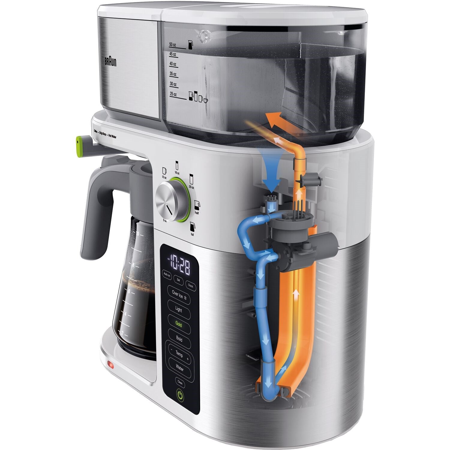 Stainless steel and white coffee maker with visible brewing tube and valve mechanism