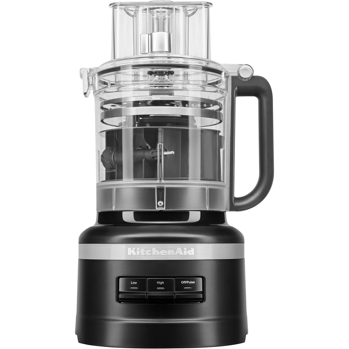 Food processor with clear work bowl and black base with KitchenAid buttons