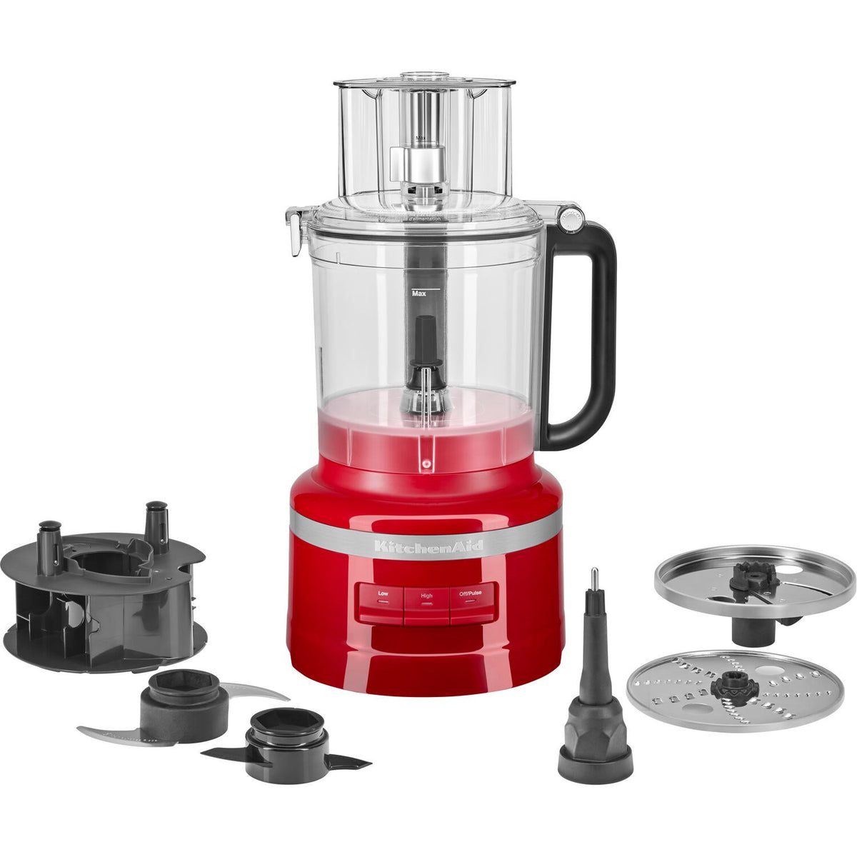 Empire Red KitchenAid food processor with clear bowl and visible accessory attachments