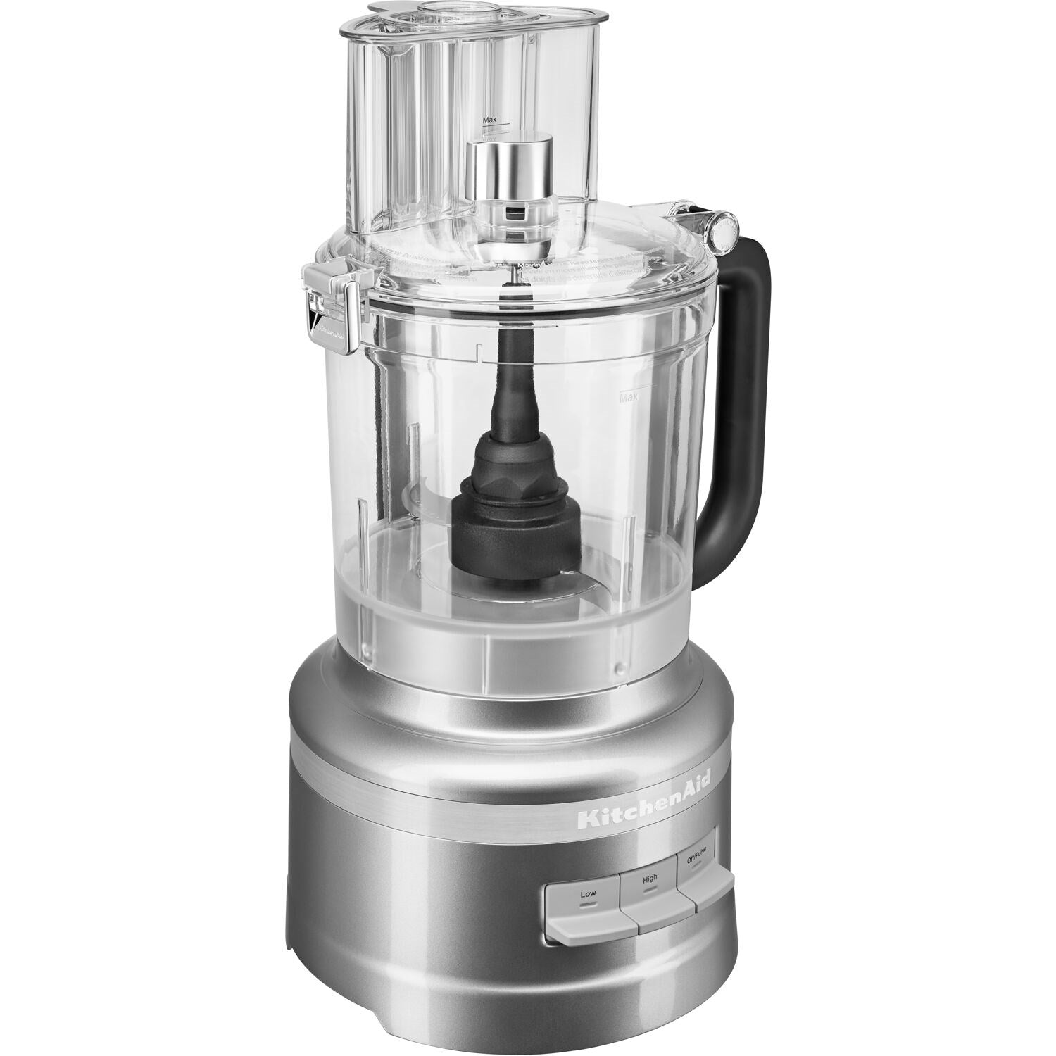 Food processor with 13-cup clear work bowl, silver base, and black handle