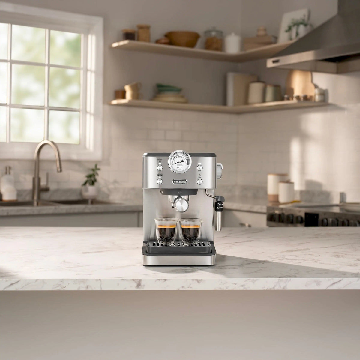 Countertop automatic espresso machine in brushed metal, dispensing espresso into cups.