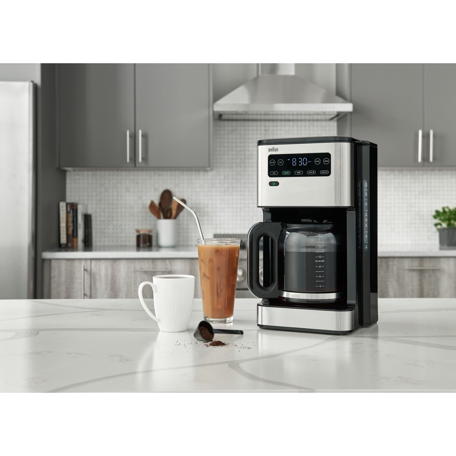 Black and silver Braun iced coffee maker on countertop in modern kitchen