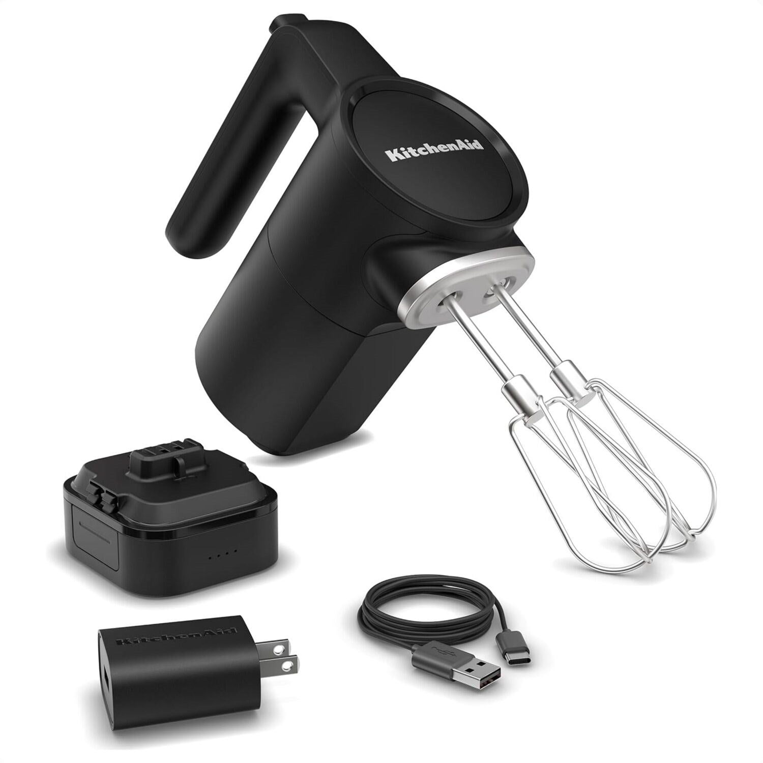 Black cordless hand mixer with battery, USB-C cable, and wall adapter