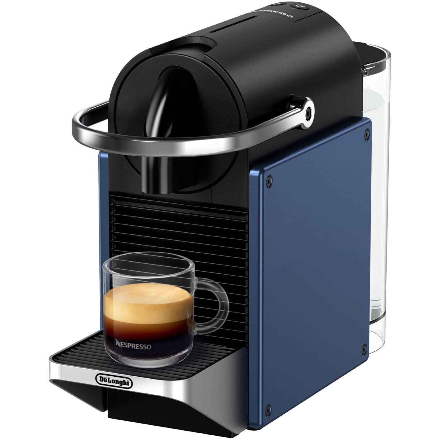 Three-quarter view of dark blue Nespresso Pixie espresso machine with cup on platform