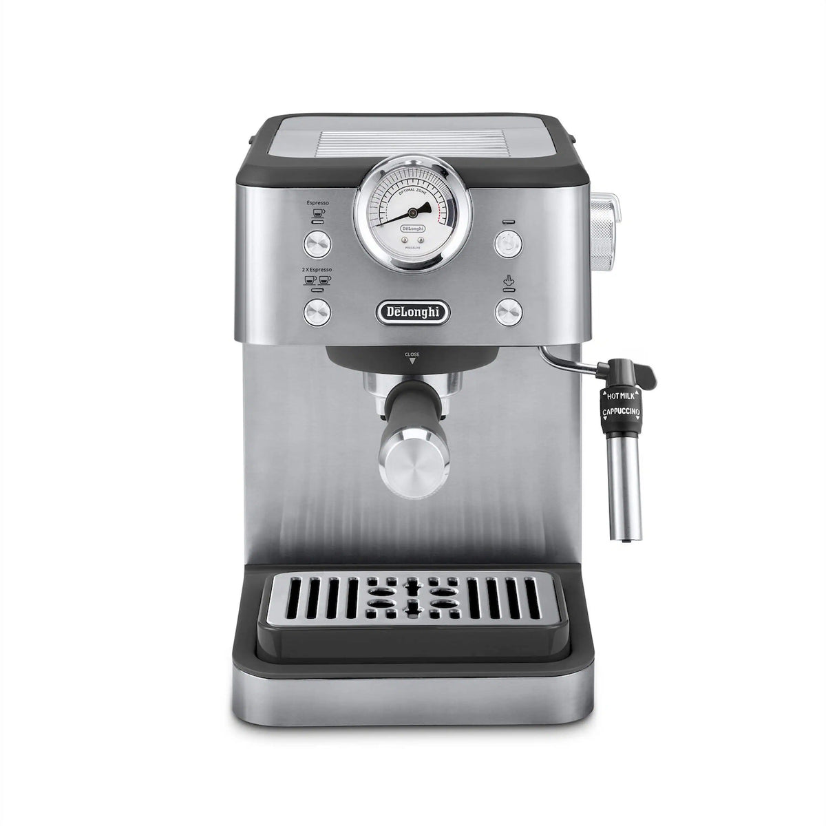 Brushed stainless automatic espresso machine with pressure dial and milk frother wand.