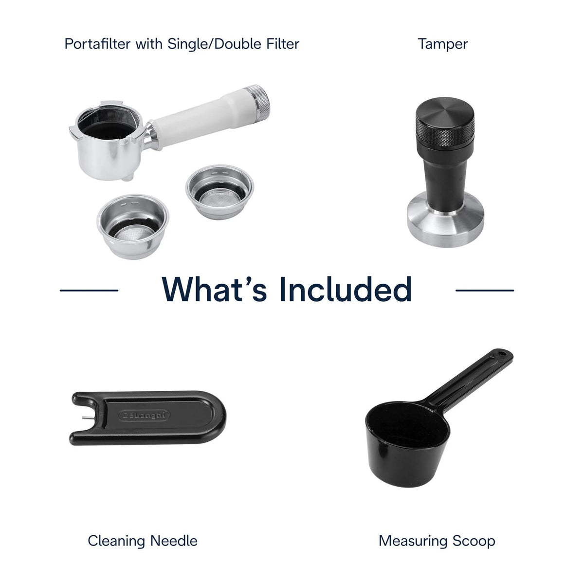 Espresso machine accessory set: portafilters, tamper, cleaning needle, and measuring scoop