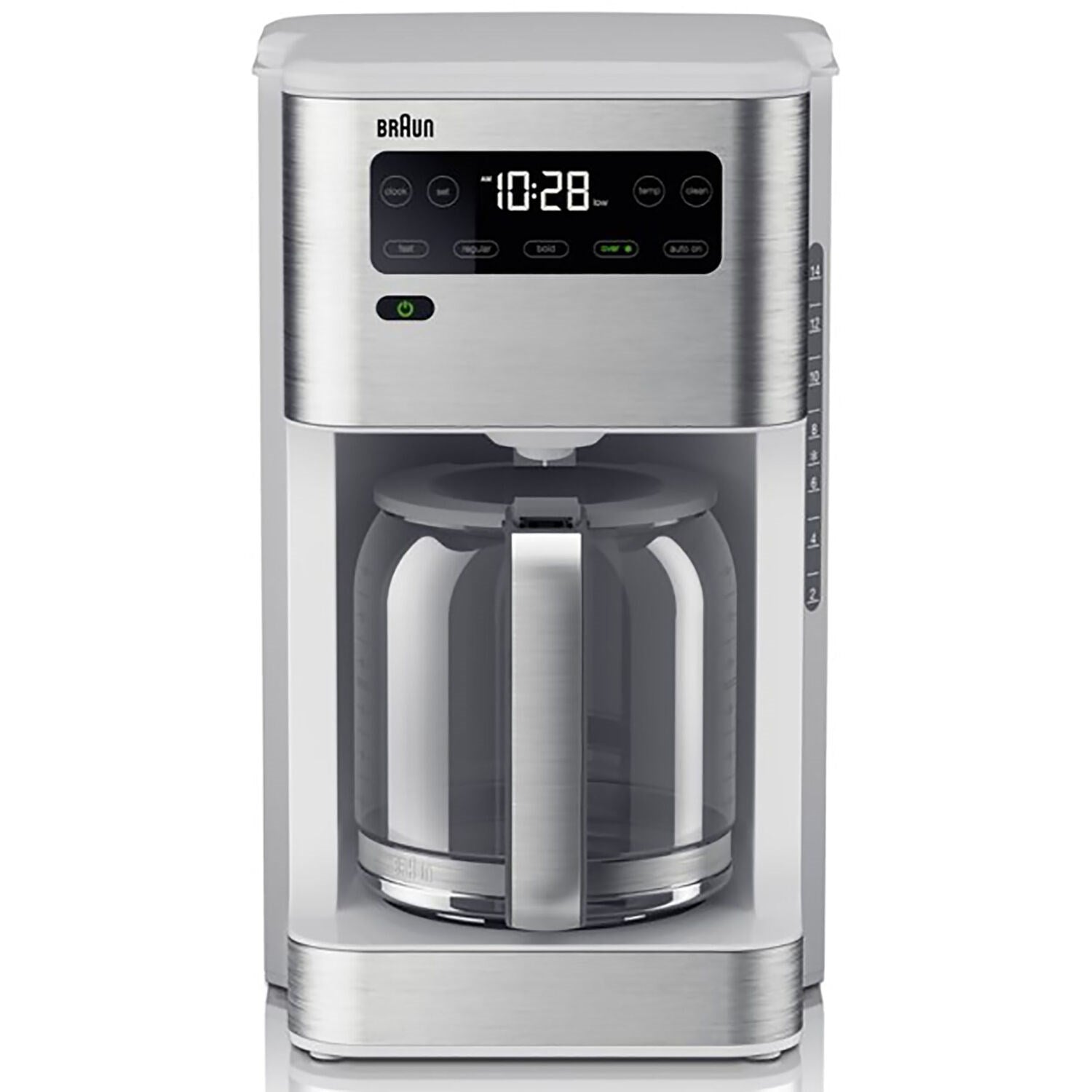 Stainless steel iced coffee maker front view with digital display and buttons