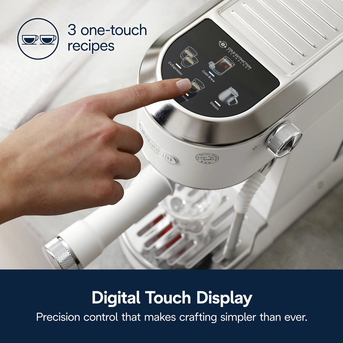 Espresso machine with touchscreen controls and hand pressing a one-touch recipe button