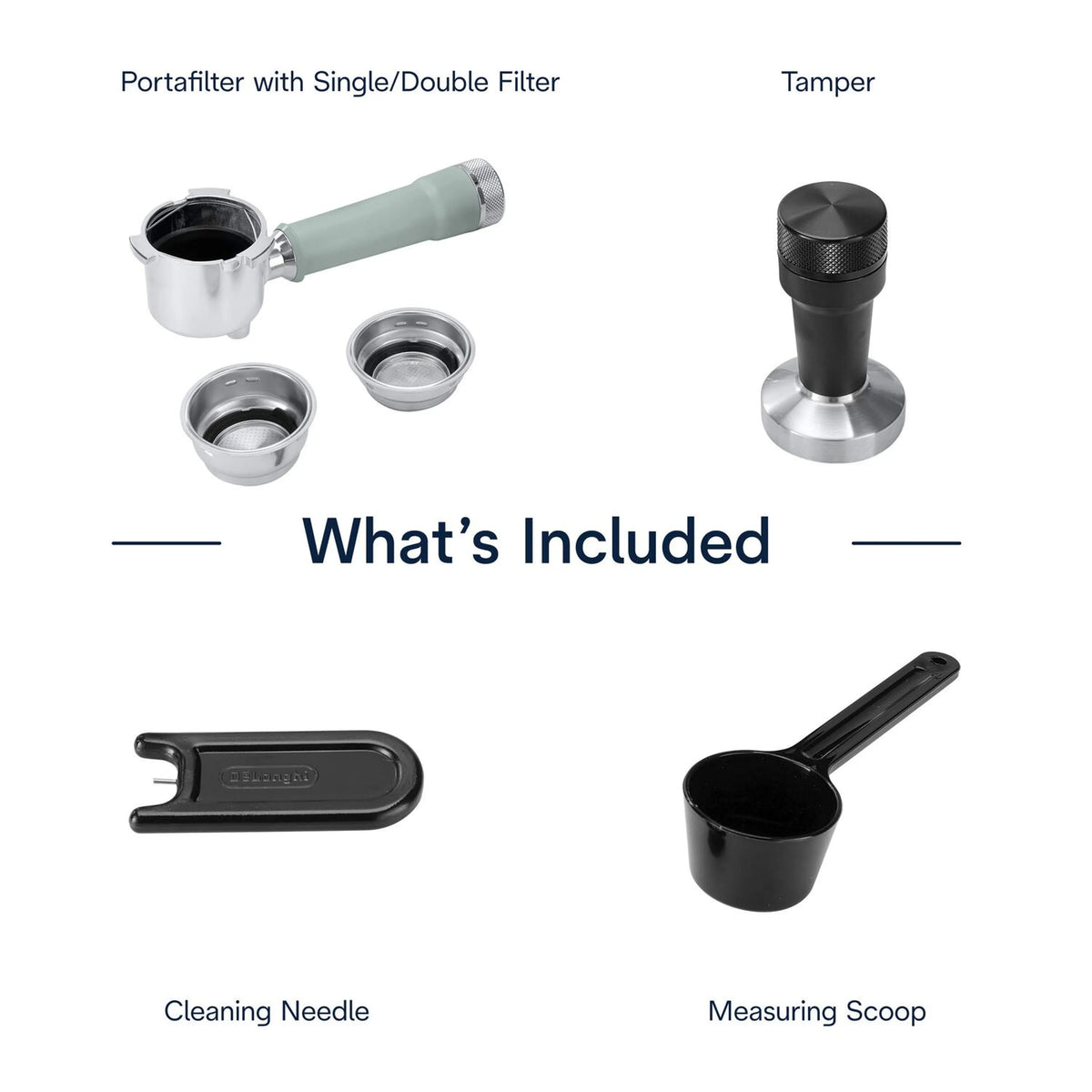 Espresso machine accessory set: portafilter, tamper, cleaning needle, measuring scoop