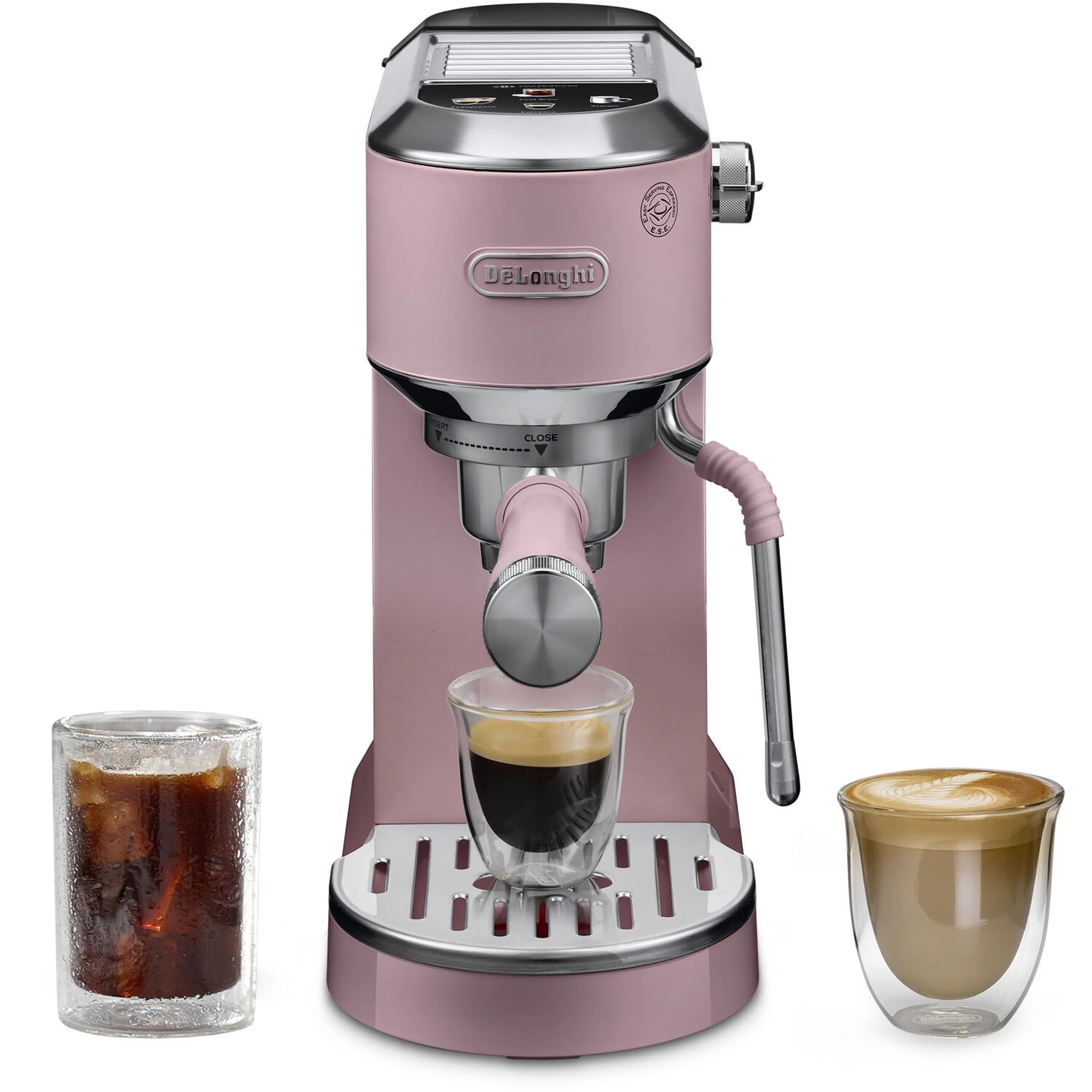 Pink De'Longhi espresso machine with frothing wand, front view with three coffee drinks