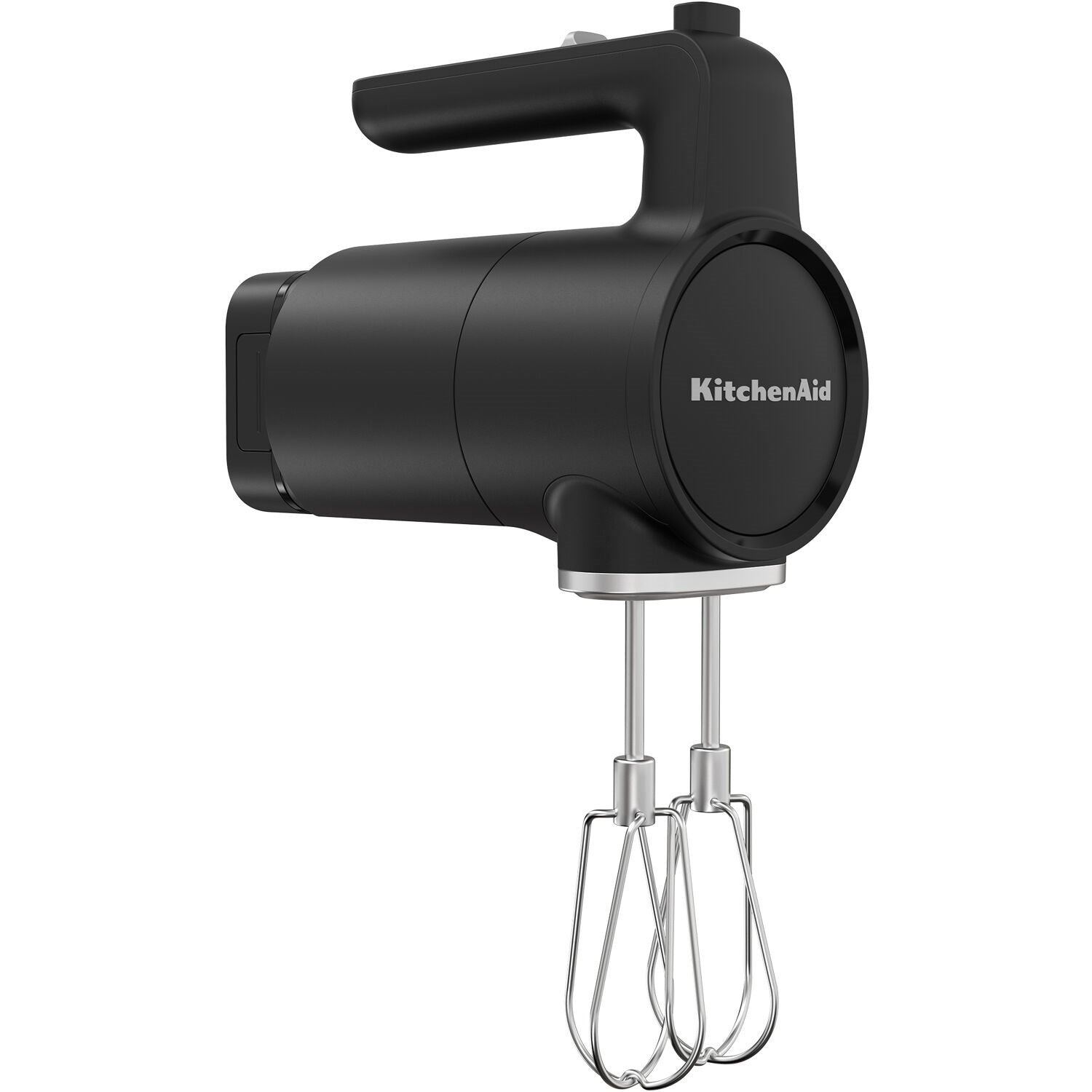Black matte cordless hand mixer, side view, with two chrome beaters