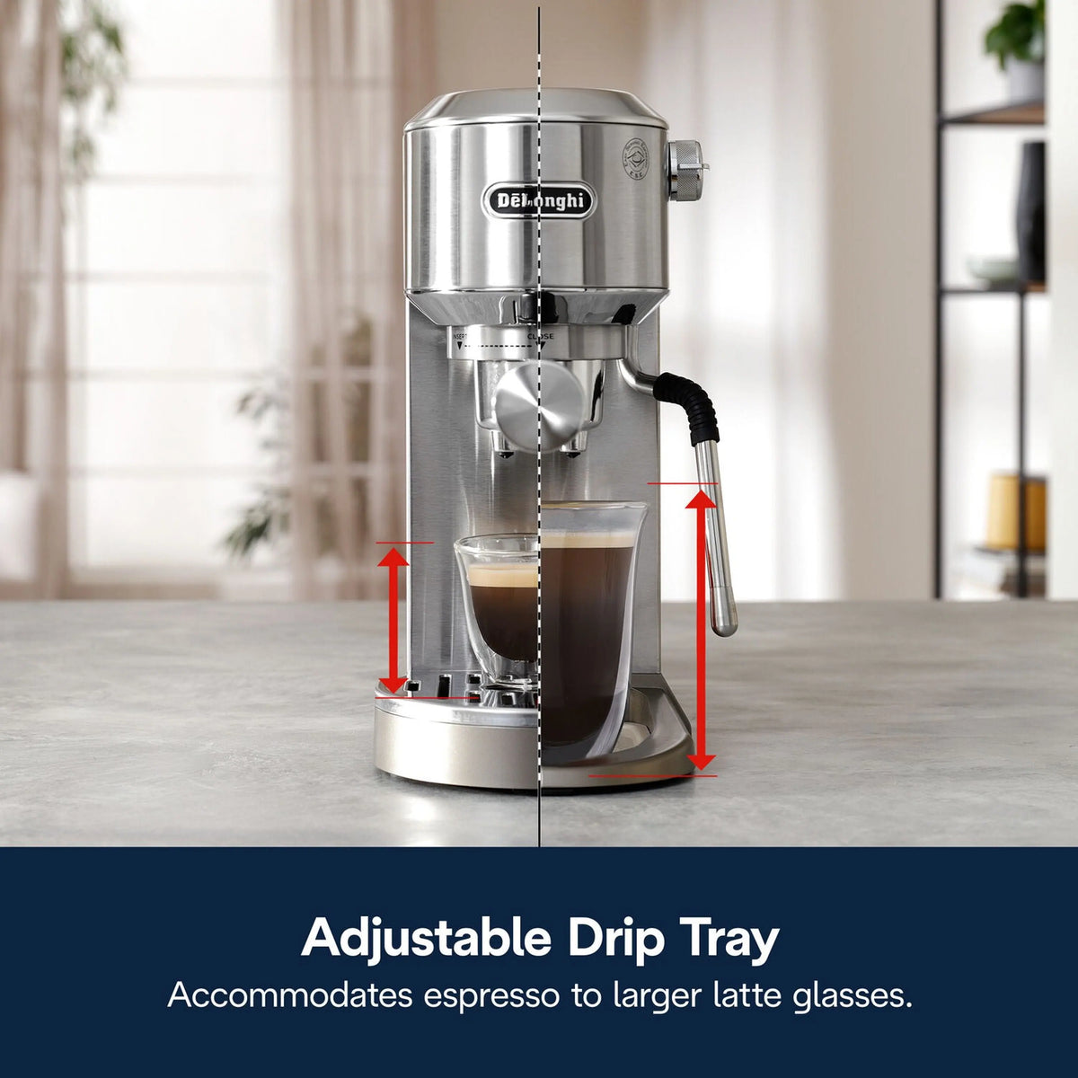 Stainless espresso machine with tall cup and adjustable drip tray