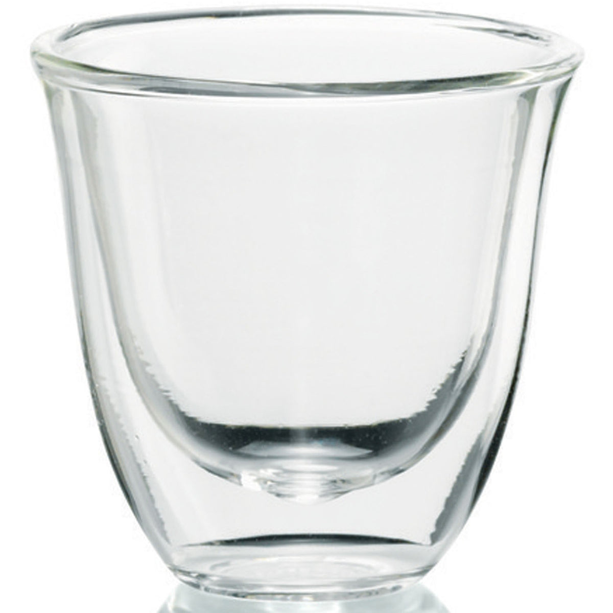 Clear espresso glass cup with thick rim and tulip shape, empty