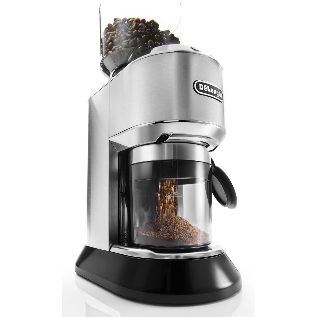De'Longhi Dedica coffee grinder with stainless-steel body and bean hopper, side view