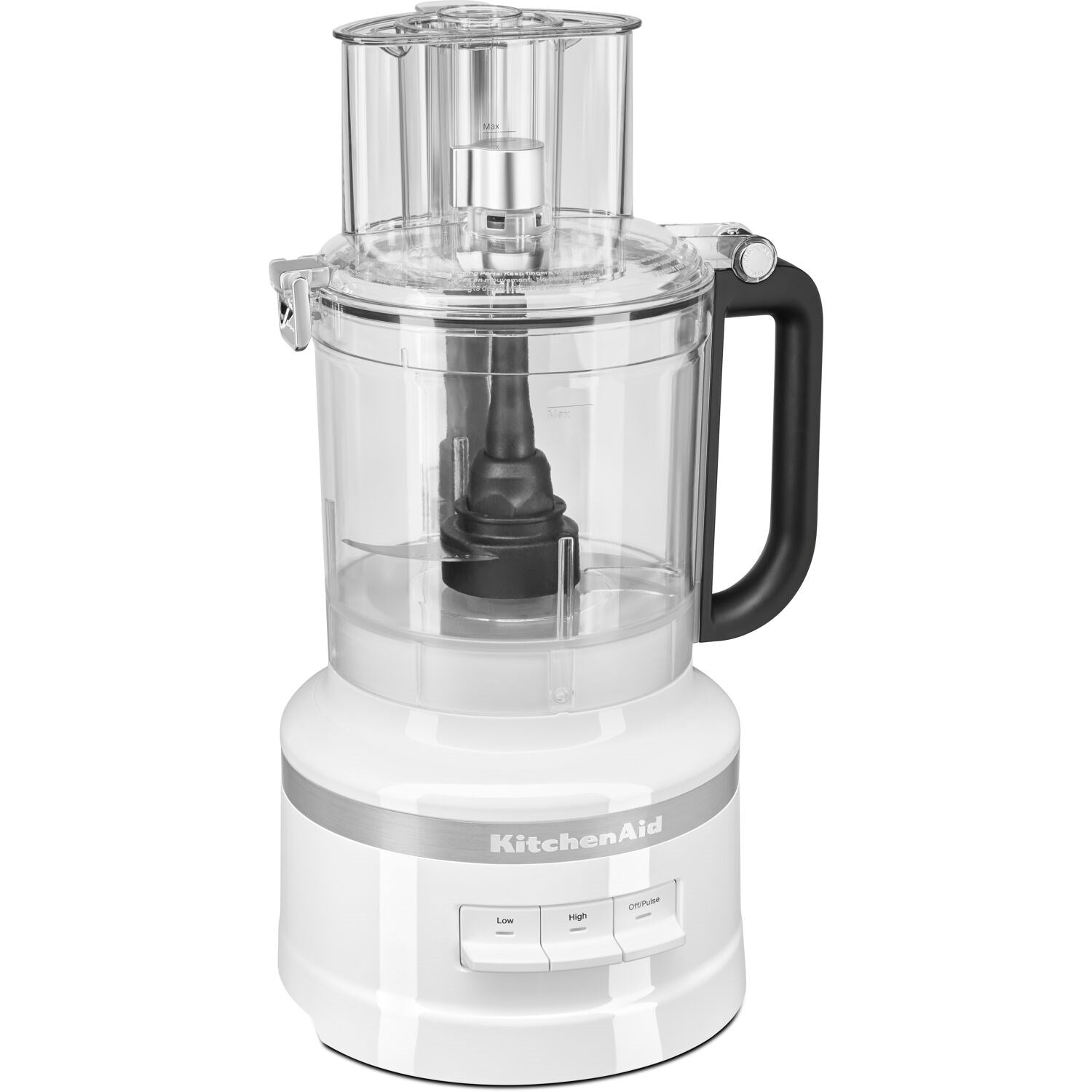 KitchenAid food processor in white with clear work bowl, black spindle, and control buttons