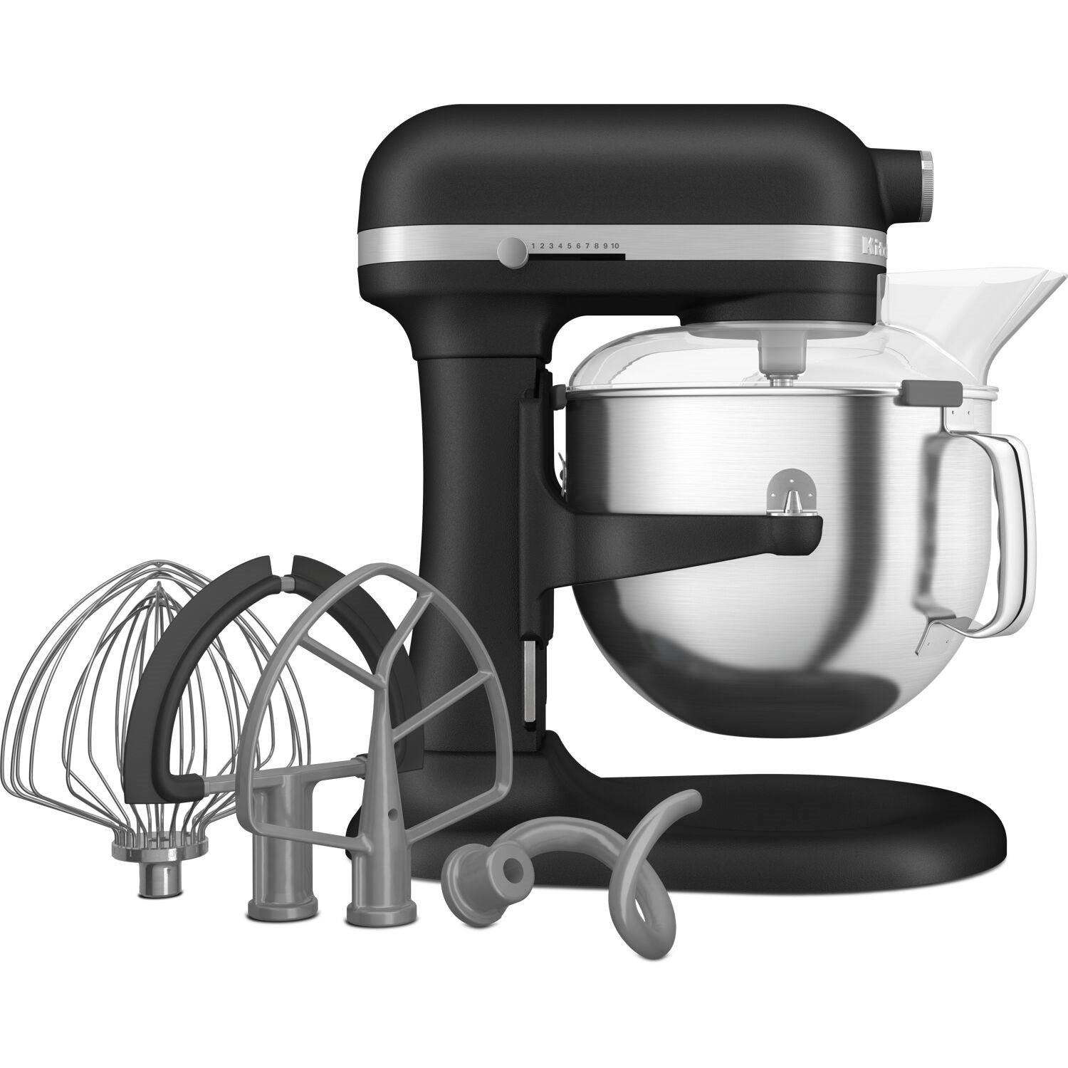 Black stand mixer kit with stainless bowl, wire whisk, dough hook, and paddle