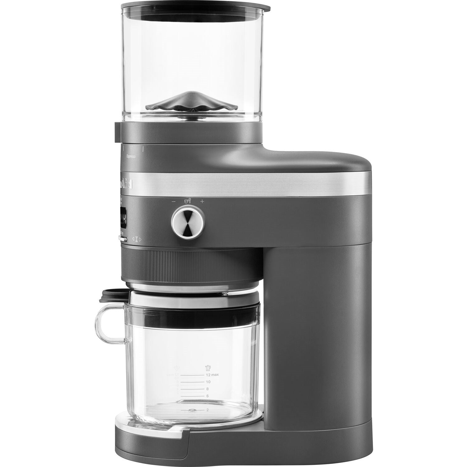 Charcoal grey burr coffee grinder with bean hopper and removable carafe