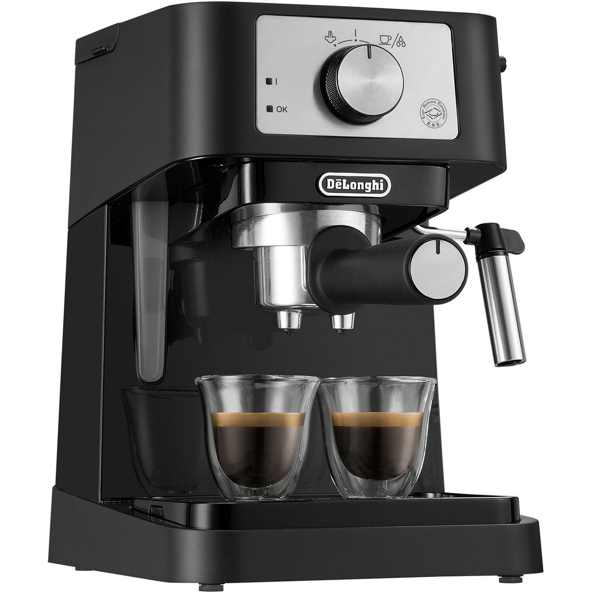 Black De'Longhi pump espresso machine with portafilter and control dial