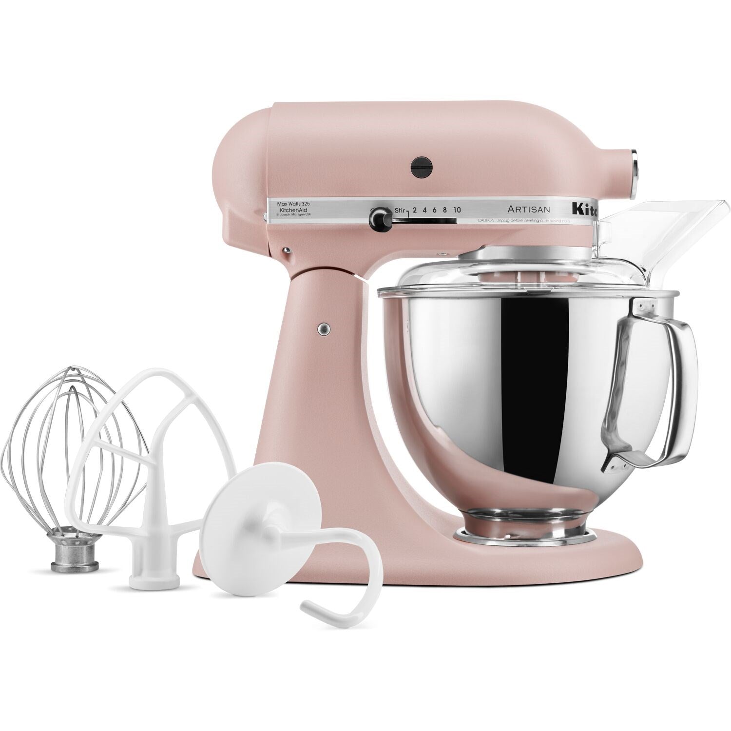 Peach tilt-head stand mixer with stainless bowl plus whisk and dough hook attachments.
