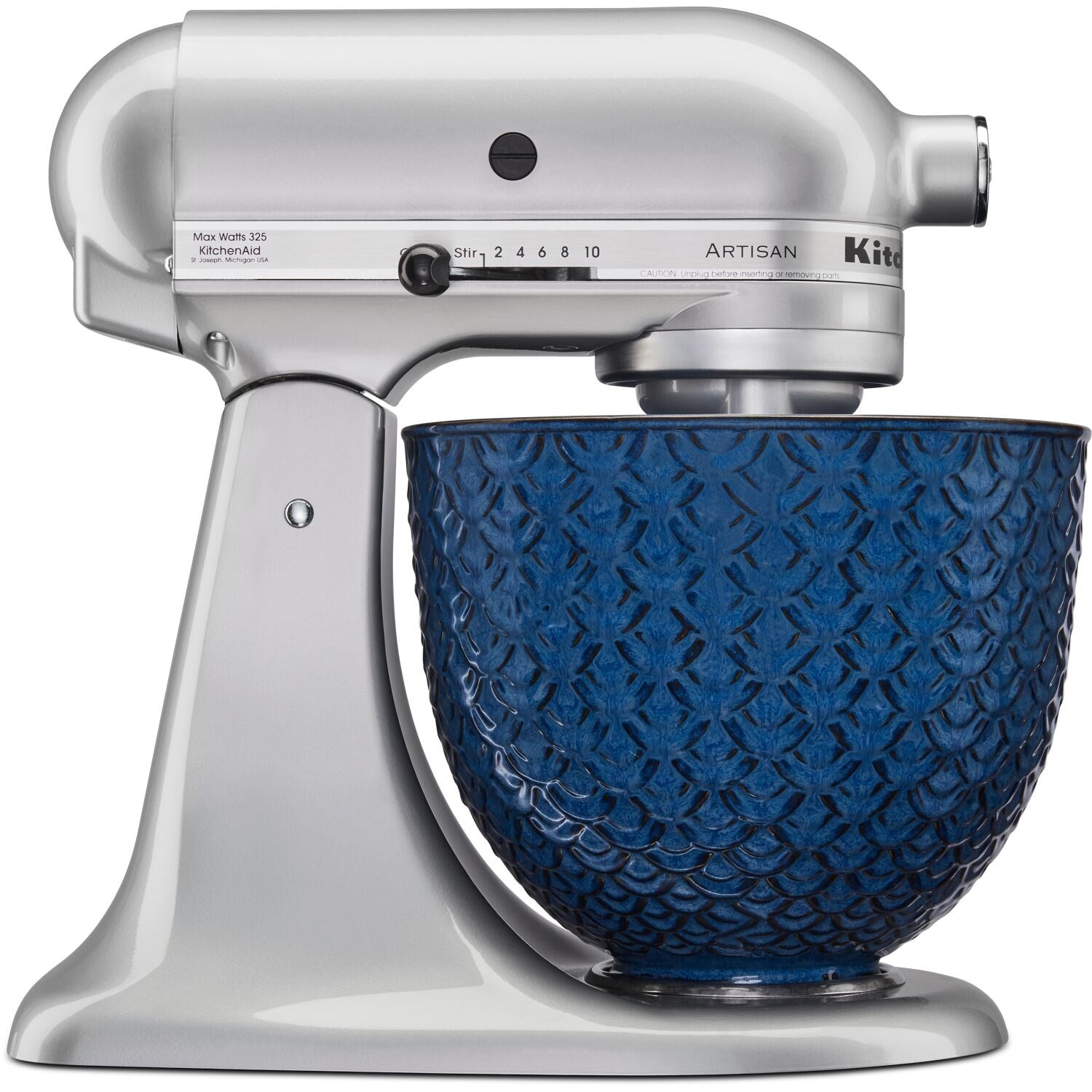 Ceramic mixing bowl with dark blue Mermaid Lace texture on stand mixer