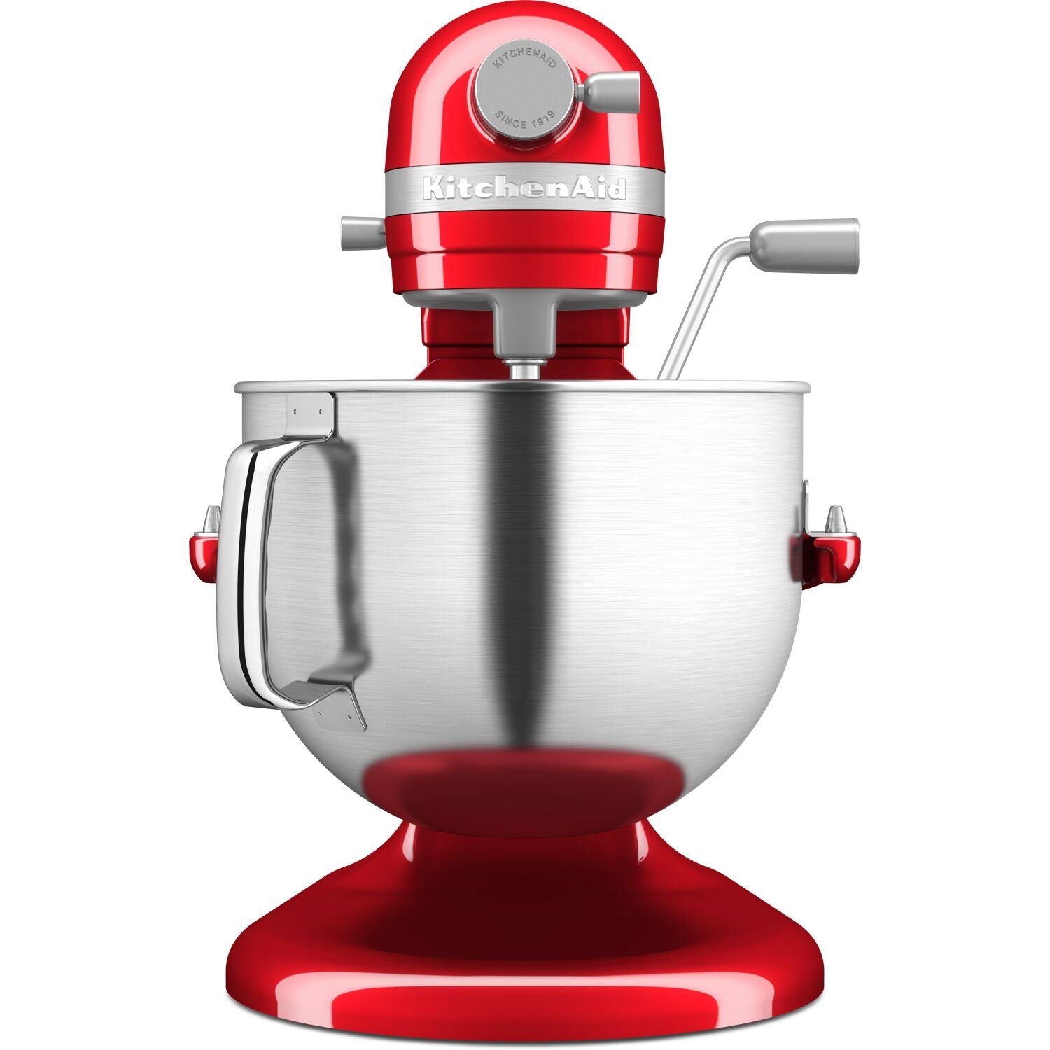 Red stand mixer with stainless mixing bowl and whisk attachment
