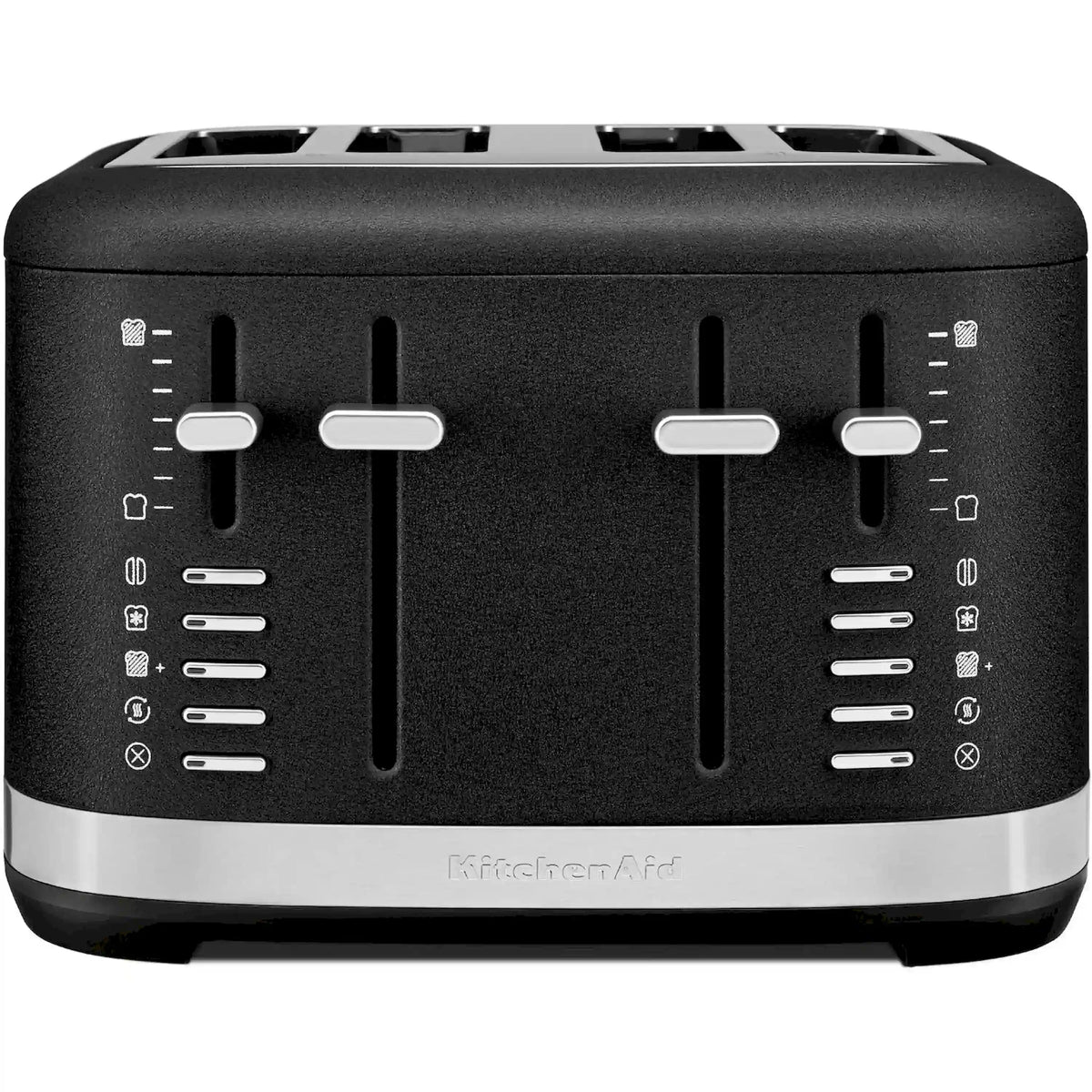 Black 4-slice toaster front with four extra-wide slots and side dial settings