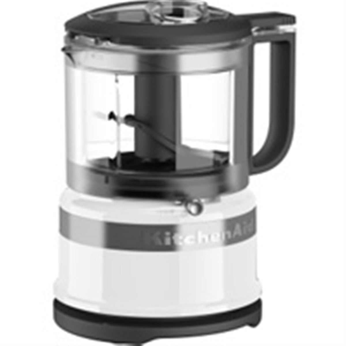 White food chopper with clear chopping bowl, black lid, and visible control knob