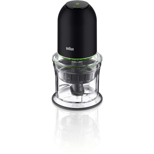 Black mini food chopper with green ring detail, clear bowl, and dark blade hub