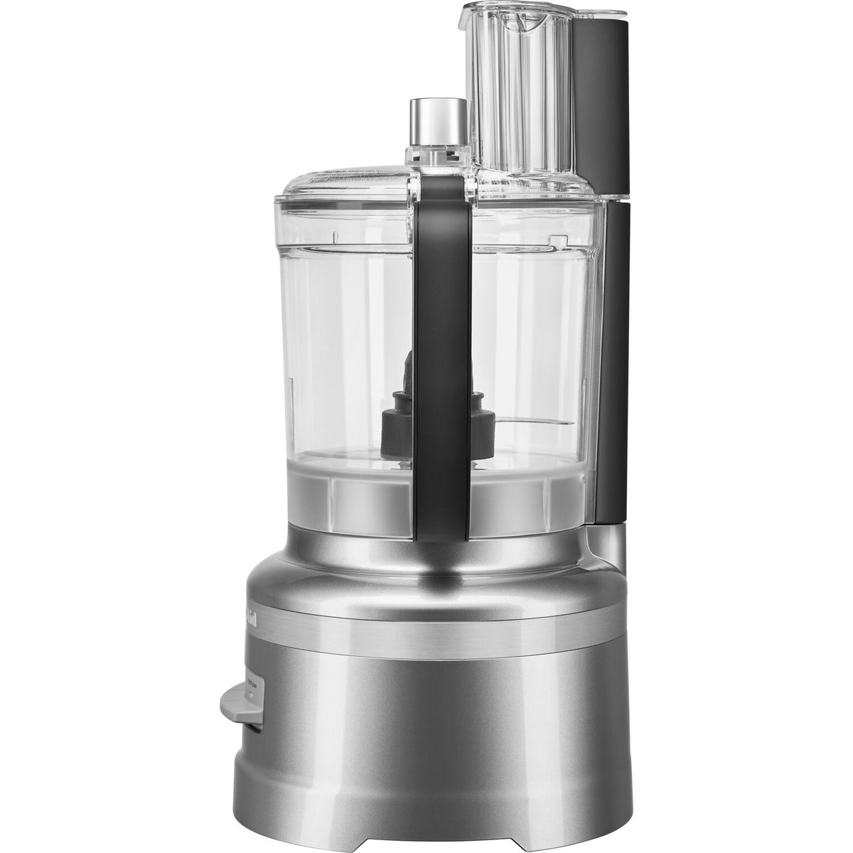 Food processor with clear 13-cup bowl, tall black feed chute, and silver base