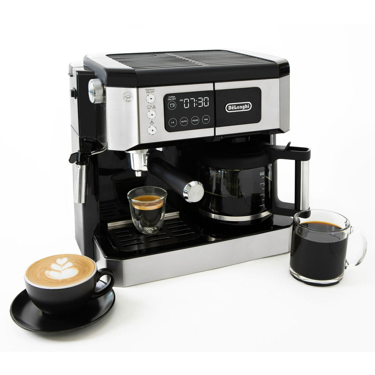 De'Longhi digital espresso and drip coffee machine with manual steam wand, stainless and black